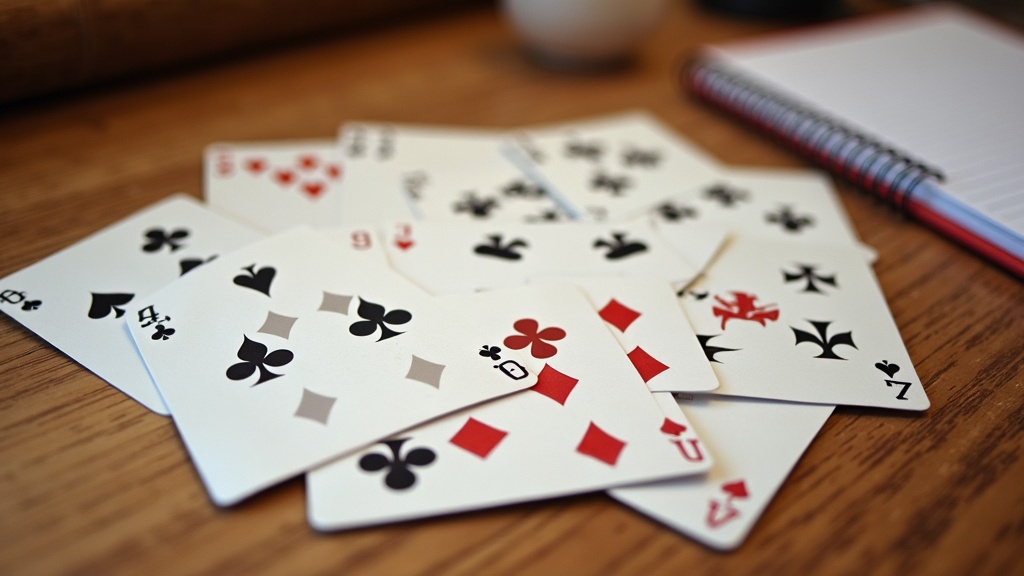 A spread of playing cards on a wooden desk with a notepad, showing suits and numbers for cardology timekeeping concepts.
